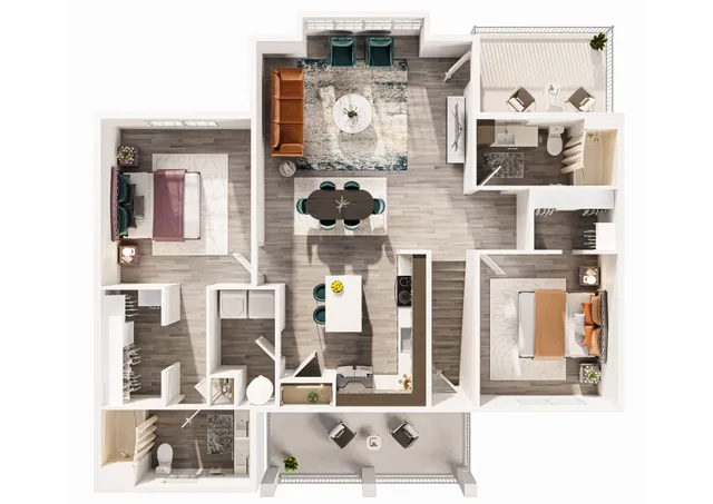 Modern floor plan showcasing 2 bedrooms, open-concept living and dining area, sleek kitchen, and a cozy balcony space.