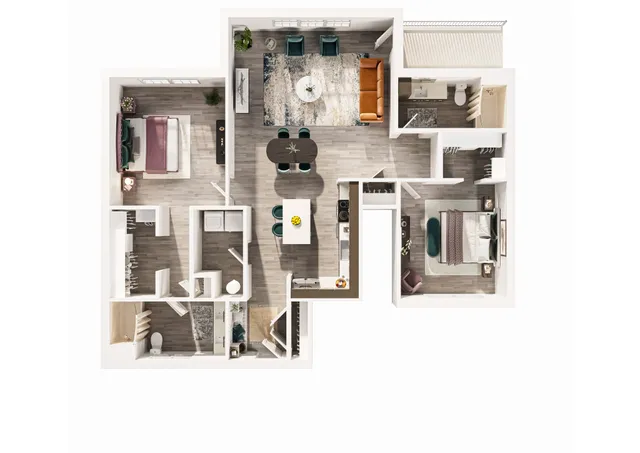 Chic 2D floor plan showcasing 2 bedrooms, a cozy living area with modern decor, and a stylish kitchen layout.