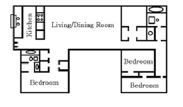 3 bedroom, 2 bath floor plan at Pines Apartments in Jackson, MS