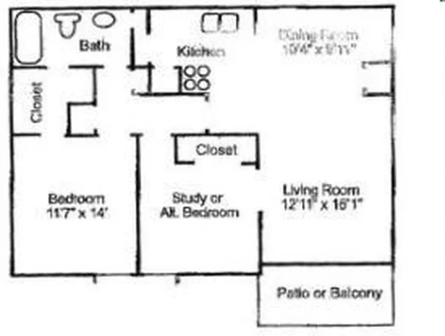 2 bedroom, 1 bath floor plan at Trails at Northpointe in Jackson, MS