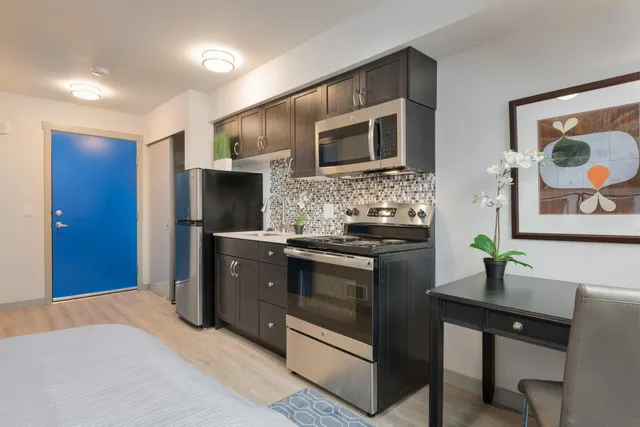 Modern studio apartment kitchen with dark wood cabinets, stainless steel appliances, and vibrant blue door, complemented by a stylish desk and artistic wall decor.