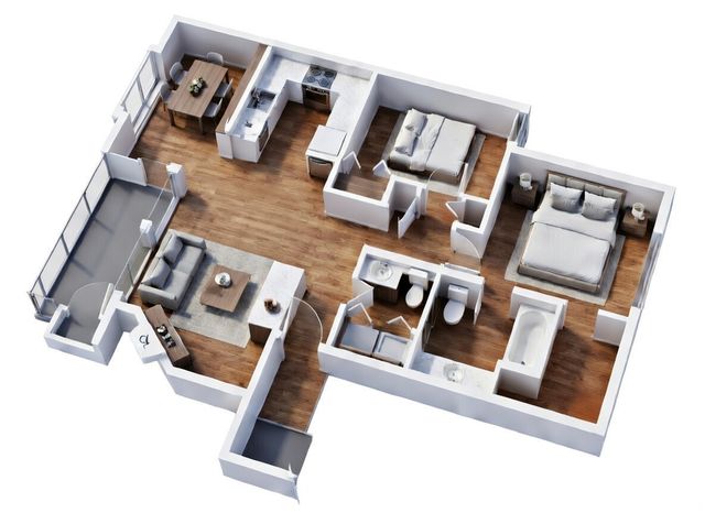 Modern 3D apartment floor plan showcasing two cozy bedrooms, a sleek open kitchen, and a welcoming living space with balcony access.
