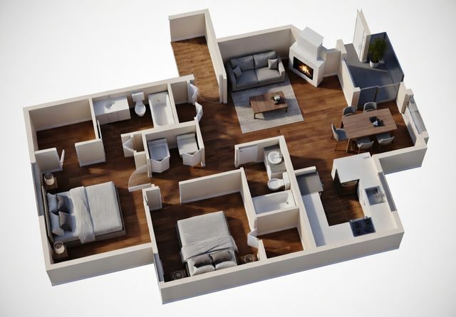 Modern 3D floor plan displaying 2 bedrooms, elegant living room with fireplace, and a sleek kitchen with dining area.