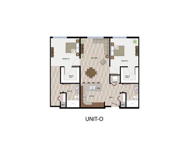 Detailed floor plan of Unit-O featuring two bedrooms, an open living room, modern kitchen, and two bathrooms.