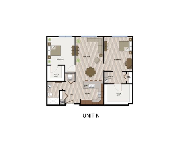 Contemporary 2-bedroom floor plan featuring a spacious living area, modern kitchen, and ample storage space labeled Unit-N.