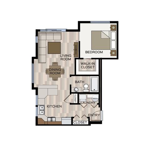 Modern studio floor plan featuring open living and dining area, walk-in closet, and a well-appointed kitchen in a stylish apartment layout.