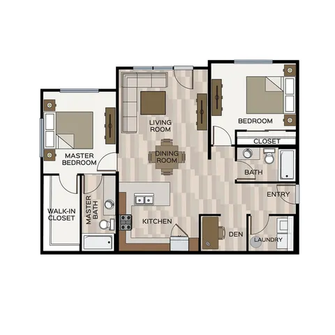 Charming floor plan showcasing a master bedroom with walk-in closet, additional bedroom, and a bright living area open to a modern kitchen.