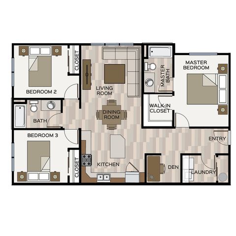 Inviting floor plan showcasing 3 cozy bedrooms, an open living and dining area, a master suite with walk-in closet, modern kitchen, and dedicated laundry space.