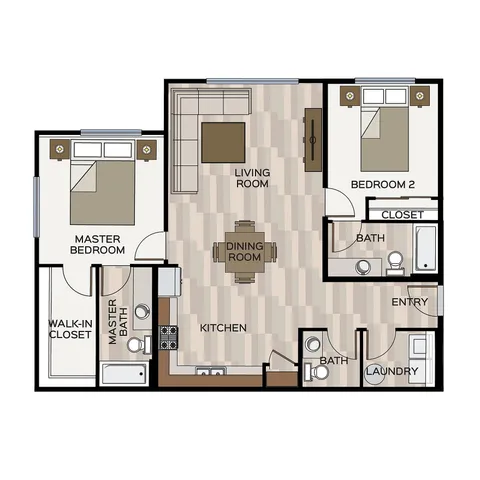 Modern floor plan featuring primary bedroom with en-suite bath, second bedroom, open kitchen, dining room, and living area for comfortable living.