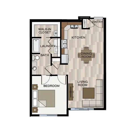 Charming one-bedroom apartment floor plan showcasing an open kitchen, cozy living room, and dedicated dining area. Includes a spacious bathroom, walk-in closet, and in-unit laundry for modern convenience.