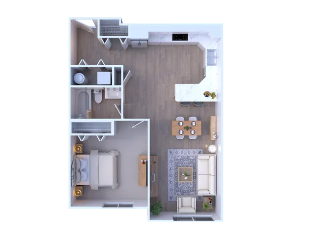 Modern 1 bedroom floor plan with an open wrap around kitchen, in-unit washer/dryer, and bathroom with a bathtub/shower combination.
