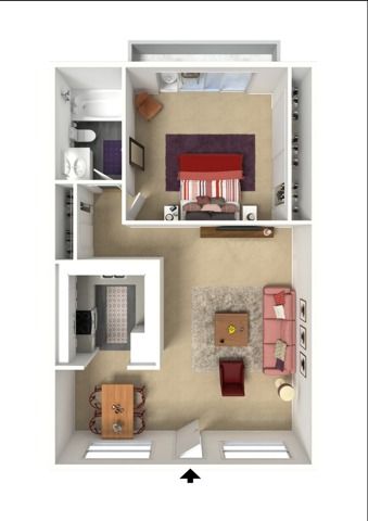 3d floor plan of 1  bedroom