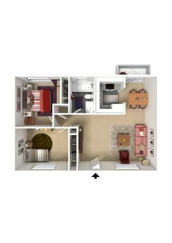 3d floor plan of 2 bedroom