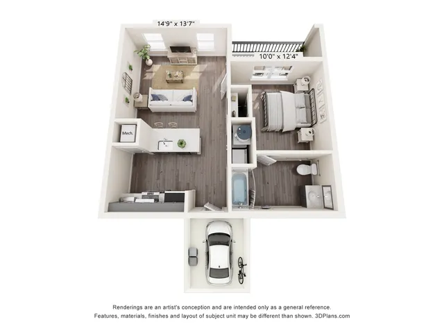 Rosewood 3D floor plan at The Nash in Rosemount, MN, a 676 square foot one bedroom, one bathroom ground-floor home
