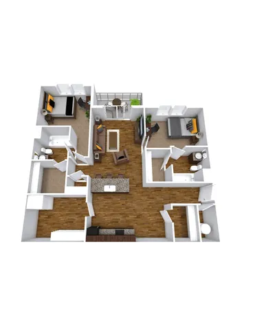 3D floor plan of a stylish two-bedroom apartment with open living area and balcony.