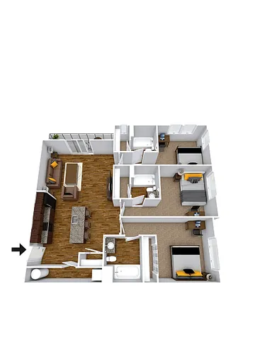3D floor plan of a modern apartment with three bedrooms, a kitchen, living room, and three bathrooms.