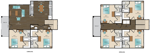 Split-level floor plan with multiple bedrooms, open living spaces, and a modern kitchen layout.