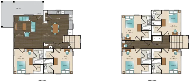 Contemporary dual-unit floor plan featuring 2 bedrooms per unit, open living spaces, and modern kitchens, ideal for shared living.
