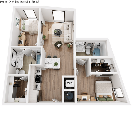 Chic 3D floor plan featuring 3 bedrooms, a modern kitchen, inviting living area, and two bathrooms in Villas Knoxville.