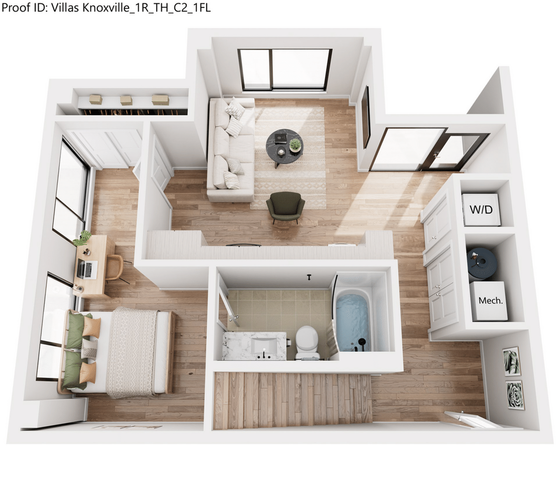 Modern 3D floor plan of Villas Knoxville showcasing a cozy one-bedroom layout with a stylish living area, efficient kitchen space, and convenient W/D setup.