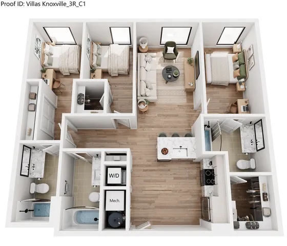 Modern 3D floor plan of a stylish apartment featuring three bedrooms, open-concept living and dining area, sleek kitchen with island, and two elegant bathrooms.