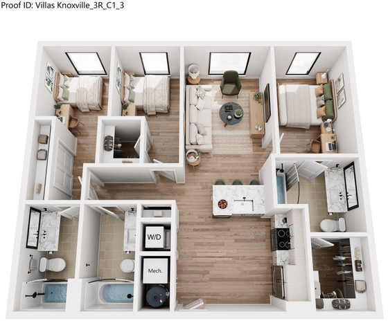 Charming 3-bedroom floor plan with a cozy living room, modern kitchen, and two elegant bathrooms. Includes in-unit laundry and spacious layout.