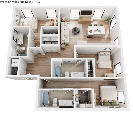 Luxurious 3-bedroom floor plan featuring open-concept living room, modern kitchen with island, two elegant bathrooms, and ample windows for natural light.