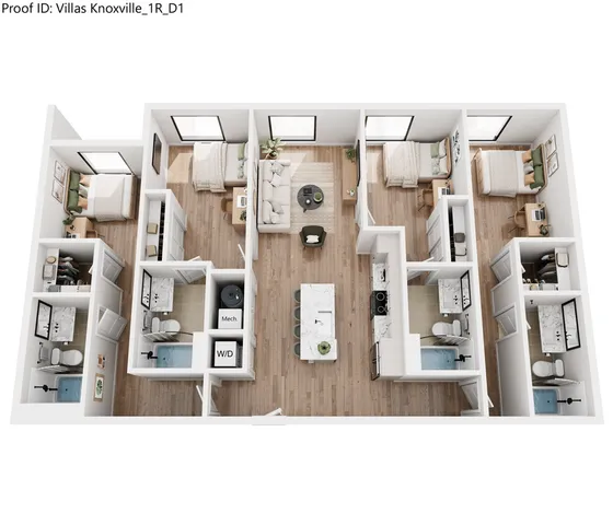 Modern 3D floor plan of a stylish apartment featuring three bedrooms, an open living space with a cozy seating area, a central kitchen with a sleek island, two elegant bathrooms, and natural lighting throughout.