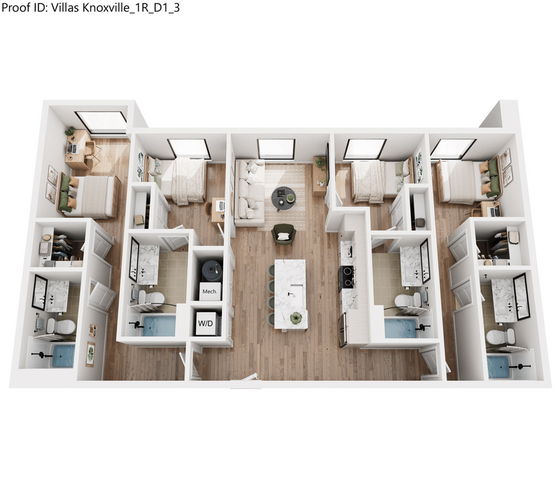 Modern floor plan featuring three spacious bedrooms, two elegant bathrooms, open-concept living and dining area, and a fully equipped kitchen with a stylish island. Optimized for comfort and convenience in a contemporary layout.