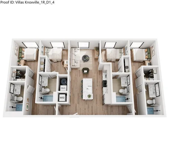 Elegant 3D floor plan of Villas Knoxville showcasing 3 bedrooms, 3 bathrooms, modern kitchen, and open living space with hardwood floors.