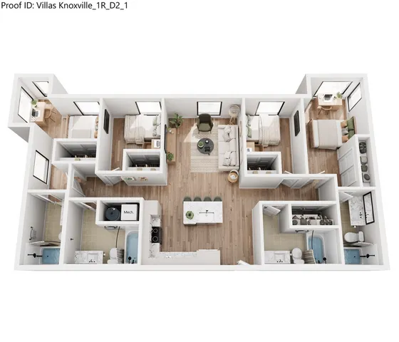 Modern 3D floor plan showcasing a beautifully designed apartment with three bedrooms, a stylish open-plan living area, and a sleek kitchen, perfect for comfortable urban living.