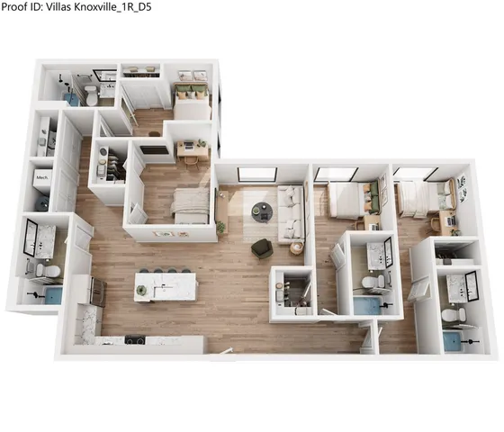 Modern 3D floor plan showcasing a chic apartment with three bedrooms, open-concept living and kitchen area, and stylish bathrooms for comfortable living.