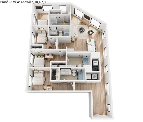 Modern apartment floor plan featuring three cozy bedrooms, a sleek kitchen with island seating, and an inviting open-concept living area.