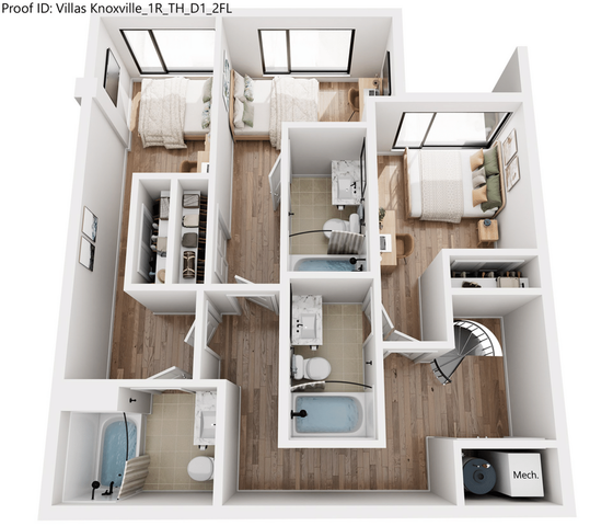 Modern 3D floor plan of a two-bedroom apartment featuring stylish design, two bathrooms, and a cozy living space with spiral staircase.