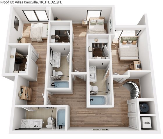 Chic 3D floor plan showcasing 3 bedrooms, 2 modern bathrooms, and a sleek spiral staircase in a stylish open layout.
