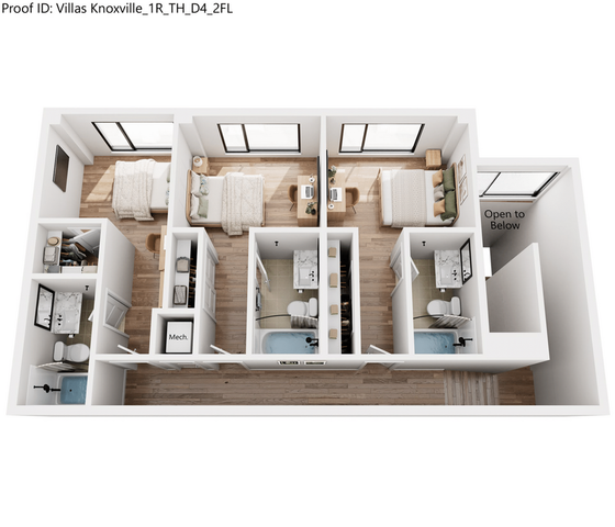 Modern 3D floor plan of a chic apartment with three bedrooms, two bathrooms, cozy office nook, and elegant wood flooring.