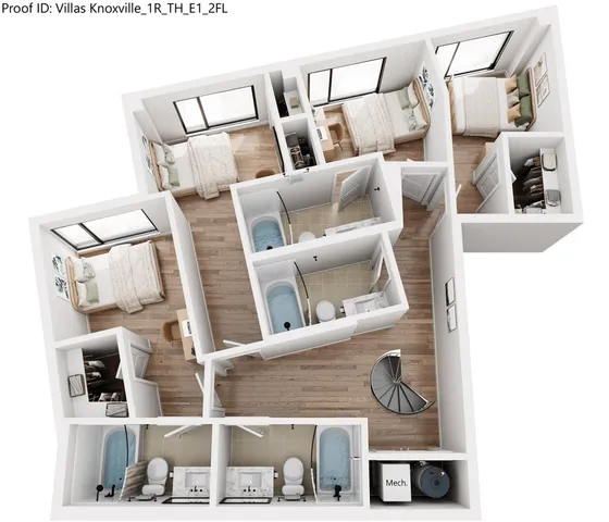 Elegant 3-bedroom apartment floor plan with modern interiors, two luxury bathrooms, cozy bedrooms, and spiral staircase.