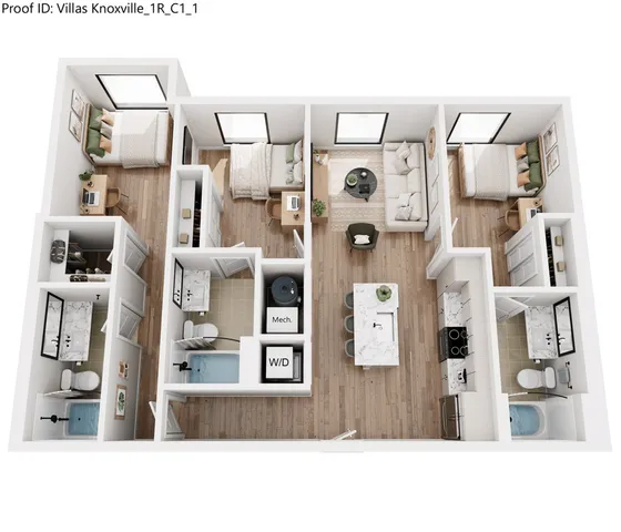 Contemporary 3D floor plan of a modern apartment featuring 3 bedrooms, open living room, chic kitchen with island, and 2 sleek bathrooms.