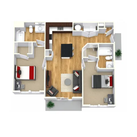 Modern 3D floor plan featuring 2 cozy bedrooms, sleek open kitchen, and a welcoming living area with stylish furnishings.