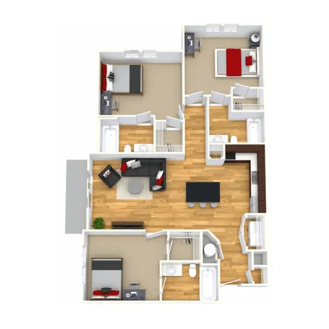 Elegant 3D floor plan showcasing 3 bedrooms, a modern kitchen with island, and a cozy living area with hardwood flooring.
