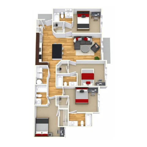 Inviting 3D floor plan showcasing three cozy bedrooms, a chic open-concept living area, and a modern kitchen with an island.