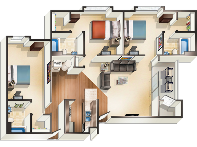 Modern 3-bedroom apartment floor plan with spacious living room, sleek open kitchen, and two elegant bathrooms, featuring a cozy dining area and convenient laundry space.