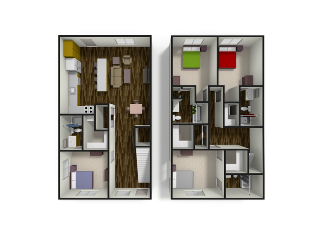 Modern 3D floor plan showcasing 4 bedrooms, open-concept living and dining area, and a sleek kitchen design.
