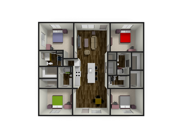 Modern floor plan featuring 3 cozy bedrooms, a spacious open-concept living and dining area, and a well-equipped kitchen.