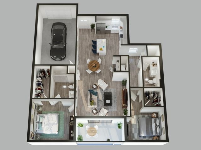Vertical 3d rendering of 2 bedroom 2 bath floor plan with garage.