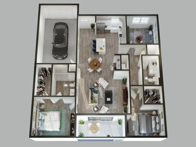 Vertical 3d rendering of 2 bedroom 2 bath floor plan with garage and den.