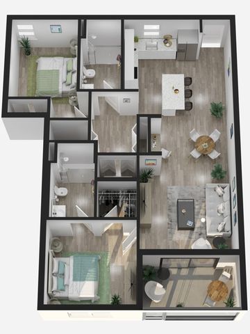 Vertical 3d rendering of 2 bedroom 2 bath floor plan.