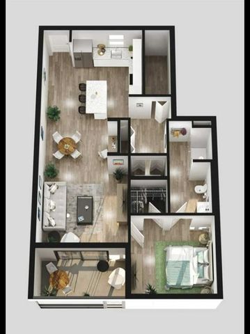 Vertical 3d rendering of 1 bedroom 1 bath floor plan.