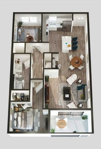 Vertical 3d rendering of 1 bedroom 1 bath floor plan