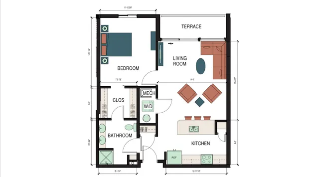 Modern apartment floor plan showcasing 1 bedroom, open kitchen, and inviting living room leading to a terrace.